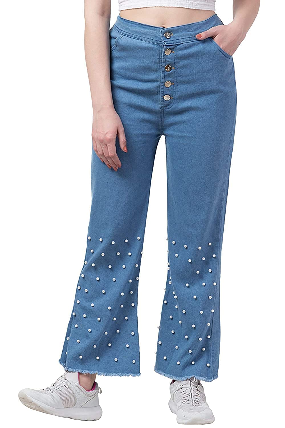 capichino Girl's Casual Pearl Style Denim Palazzo Jeans (Light Blue)-picture-36