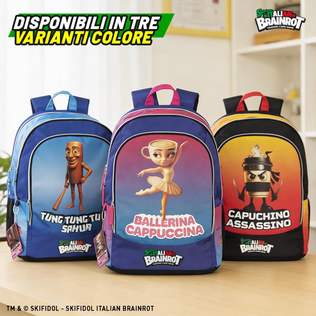 BRAINROT - Zaino Scuola Organizzato Ufficiale Brainrot, Zaino per Ragazzi con Retro e Fondo Termoformati, Spallacci Imbottiti e Regolabili, Interno Foderato con Tasca Zip, 32x43hx23 cm