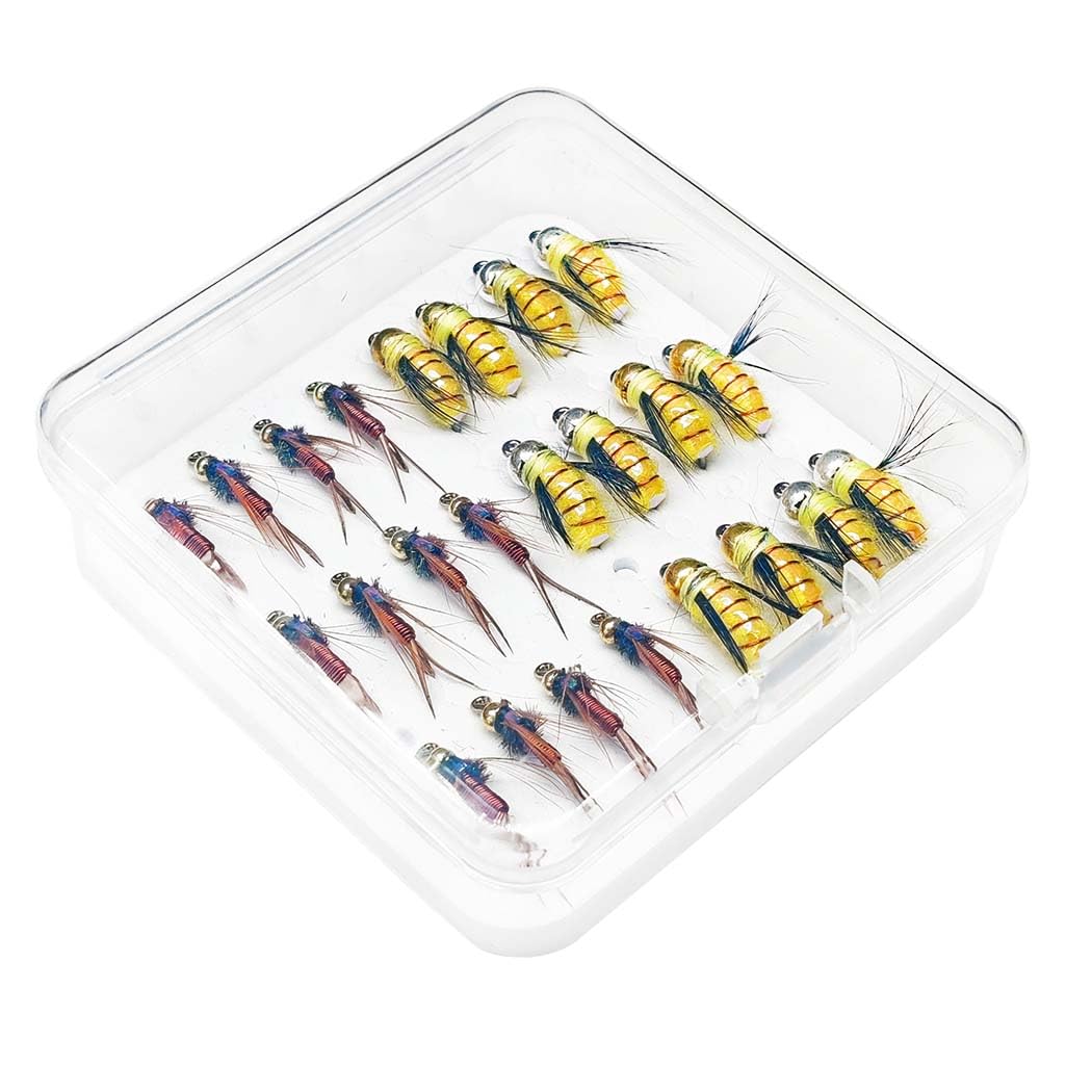 Qitewwrme Fly Fishing Assorted Flies Kit, 24/38/102/114pcs Fly Lure Including Dry/Wet Flies, Nymphs, Moth,Streamers, Midges, Worm and More, for Trout Bass Salmon (24Pcs/Box(2 Mixed Styles))