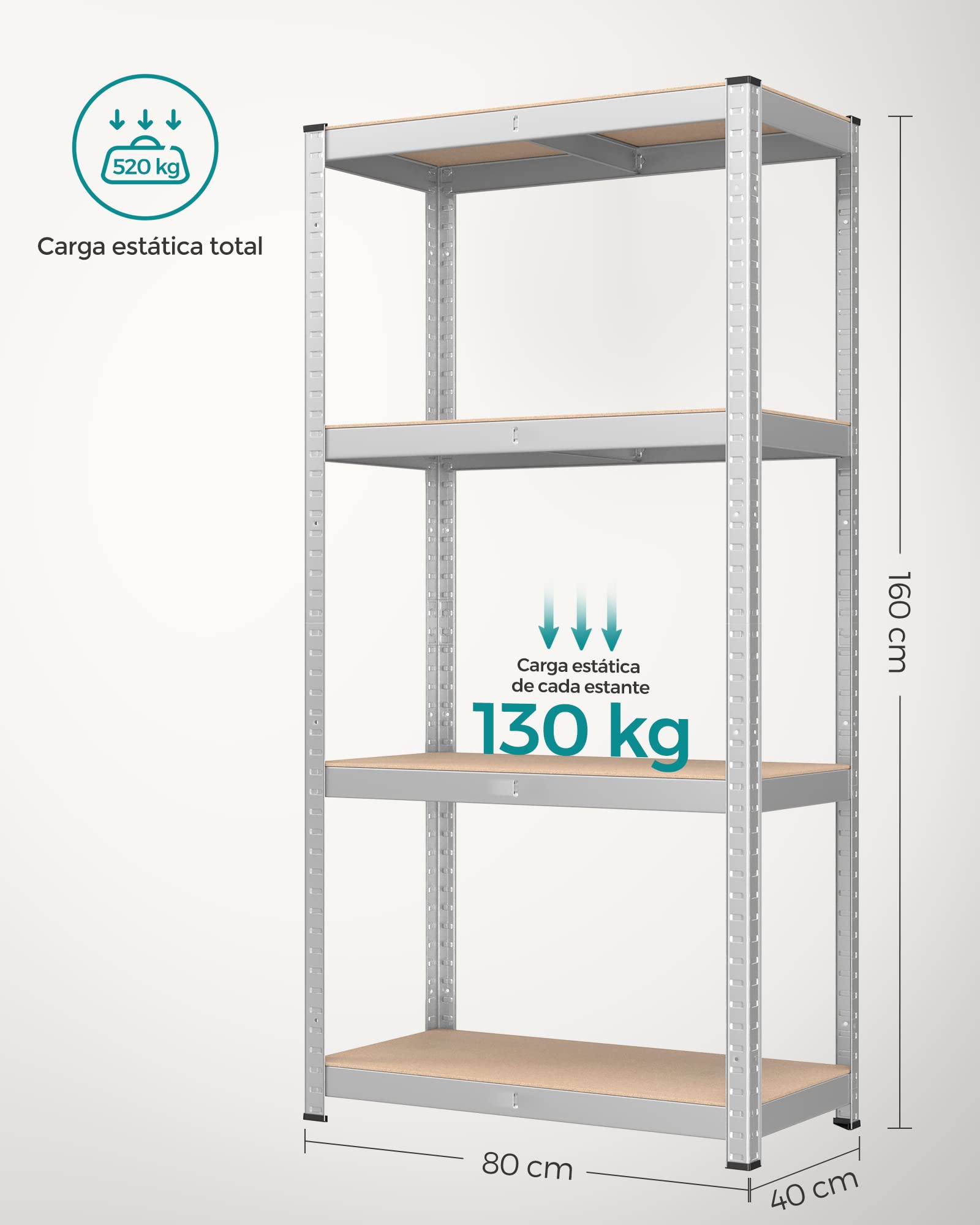 SONGMICS Estantería de 4 Niveles, Juego de 2 estanterías de Acero para Almacenamiento, Montaje sin Tornillos, para Garaje, cobertizo, Capacidad de Carga de 520 kg Cada una, 40 x 80 x 160 cm, Plata