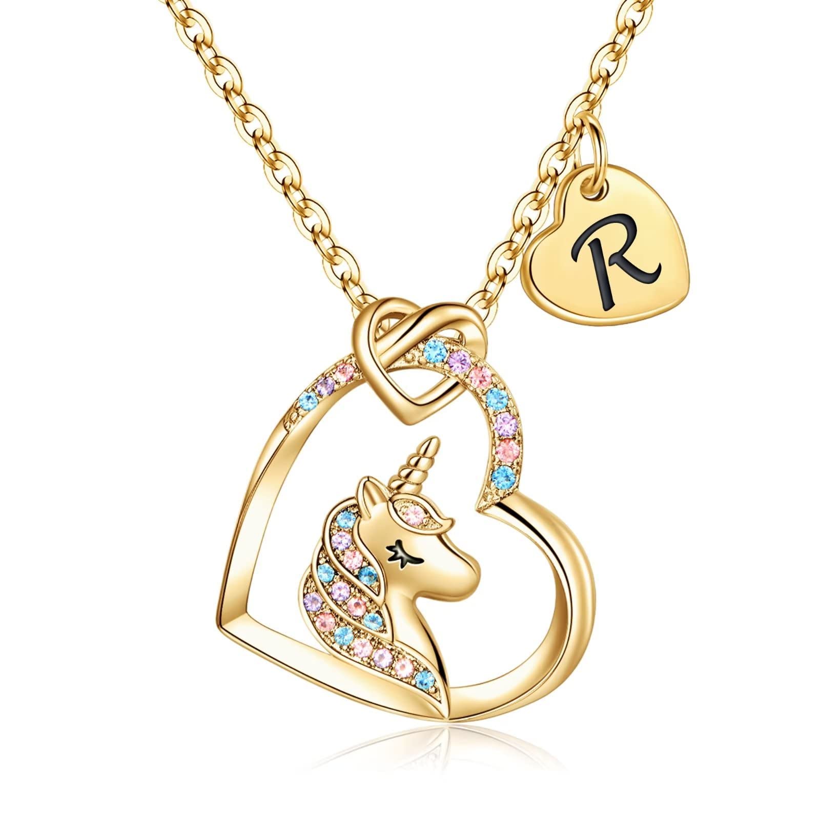 TINGN Unicorn Necklace Gifts for Girls 14k Gold Plated Initial R Necklace for Girls Heart Pendant CZ Unicorn Letter Gold Heart Necklace for Girls Birthday Unicorn Gifts for Girls Women Jewelry