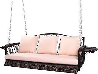 Wicker Porch Swing Heavy Duty 900 LBS 3-Seat Outdoor Patio Swing Chair with Cushions & 8.9ft Chains Outdoor Hanging Bench with Upgraded Cup Holders for Garden Deck Backyard