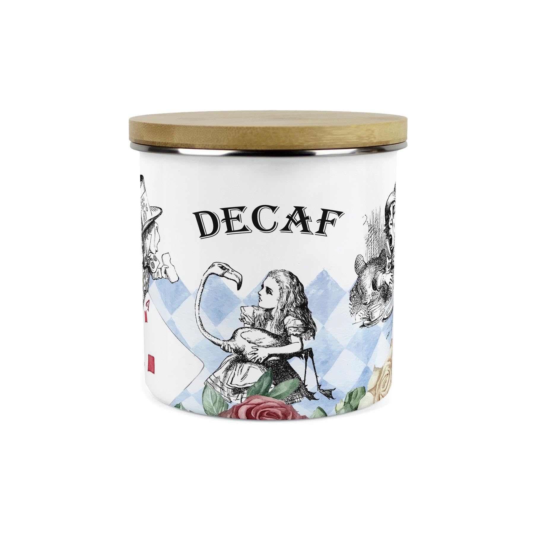 Purely Home Alice's Adventures in Wonderland Decaf Canister - Hatter White Rabbit Playing Cards Gifts - 1.2L Enamel Hot Drinks Kitchen Storage Container