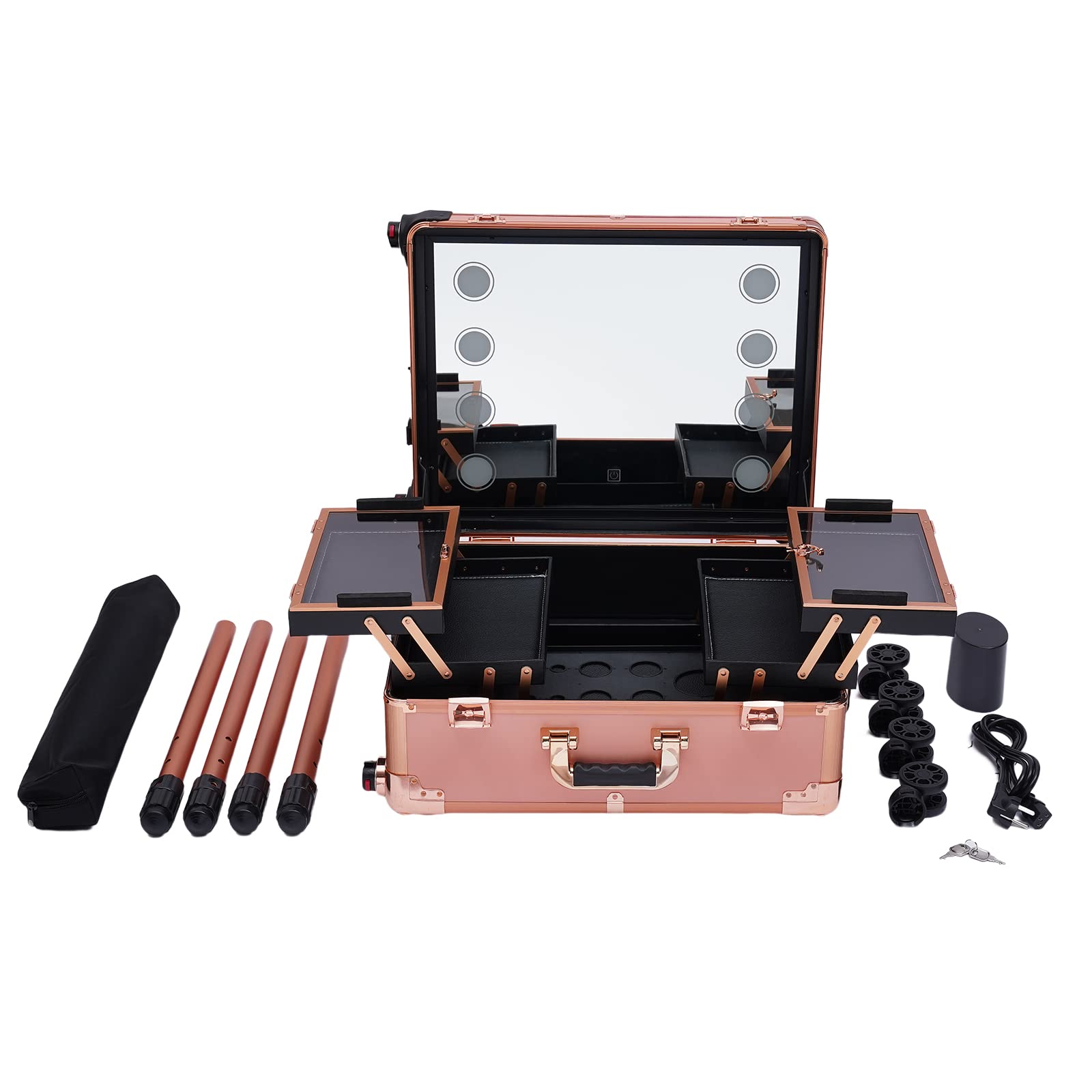Schminkkoffer Trolley Kosmetik-Zug Tisch Verstellbare Pro-Schminkstation Make up Organizer Portable Makeup Train Case Cosmetic Box Aufbewahrungsbox mit 4 Rollen, LED-Licht & Stützbein