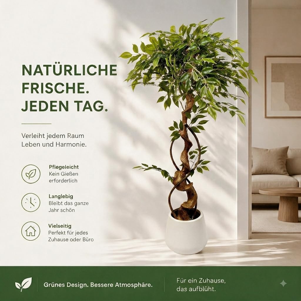 Künstlicher Ficus Bonsai, naturgetreuer Kunstbaum mit Laub, 120 cm