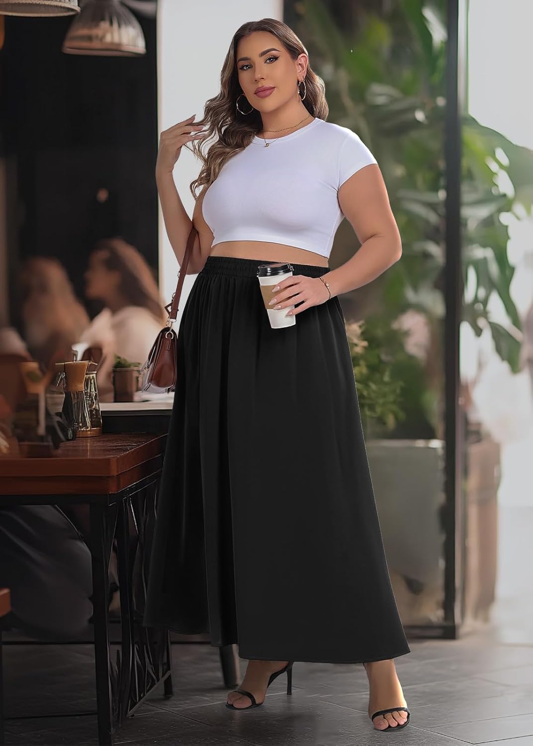 Lastshe Plus Size Maxi Skirt for Women Casual Elastic High Waist Boho Flowy A-line Spring Long Skirts with Pockets - Image 6
