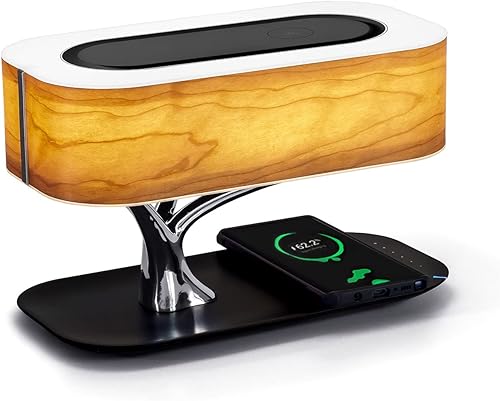 AMPULLA Tree of Aura - Lámpara de mesa inteligente con carga inalámbrica y altavoz Bluetooth, lámpara de mesita de noche regulable para dormitorio