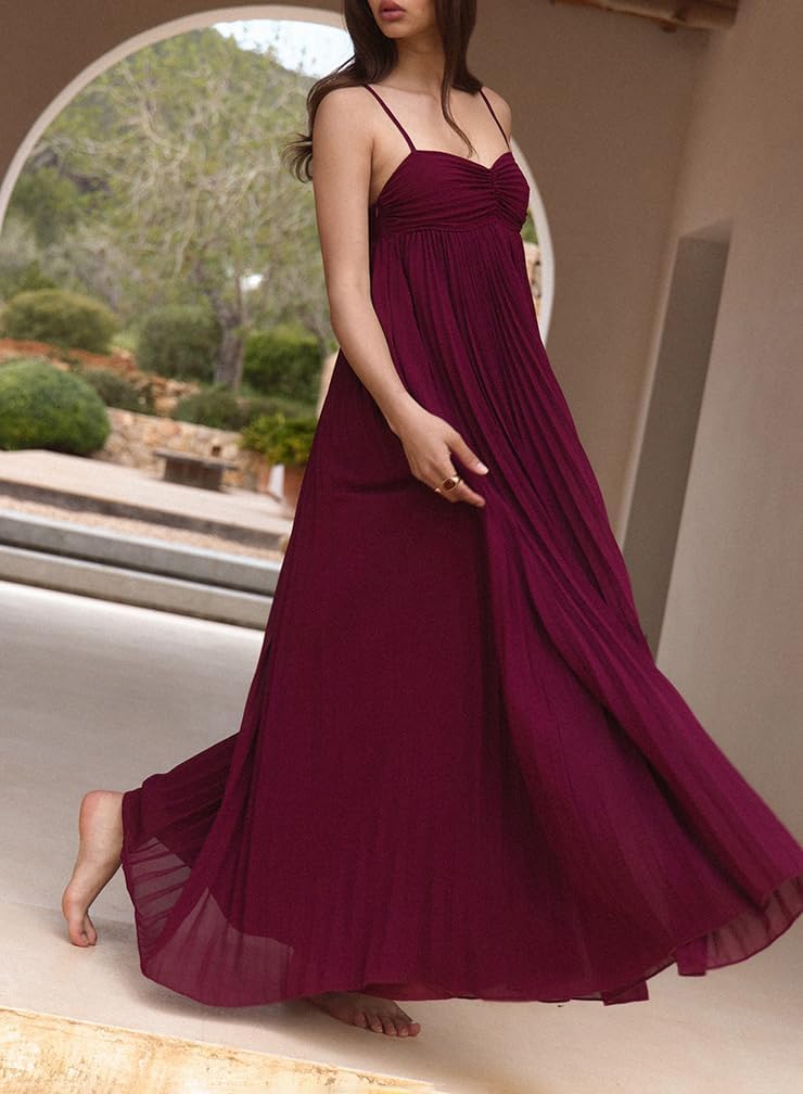 Women's Plisse Dress Adjustable Spaghetti Strap Maxi Solid Party Wedding Guest Dresses - Image 4