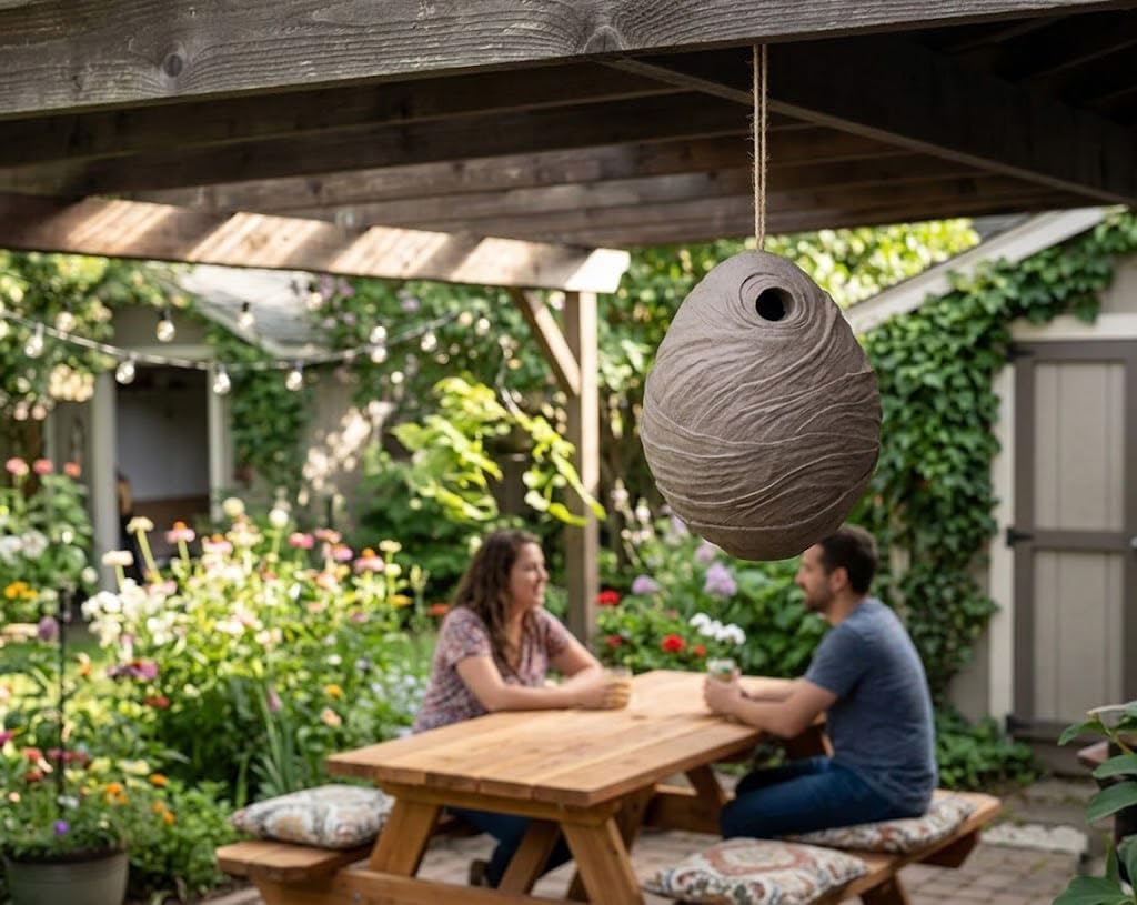 Realistic Hanging Fake Wasp Hive Decoy, Textured Wasp Nest Replica for Patio Garden Eaves Deck Yard