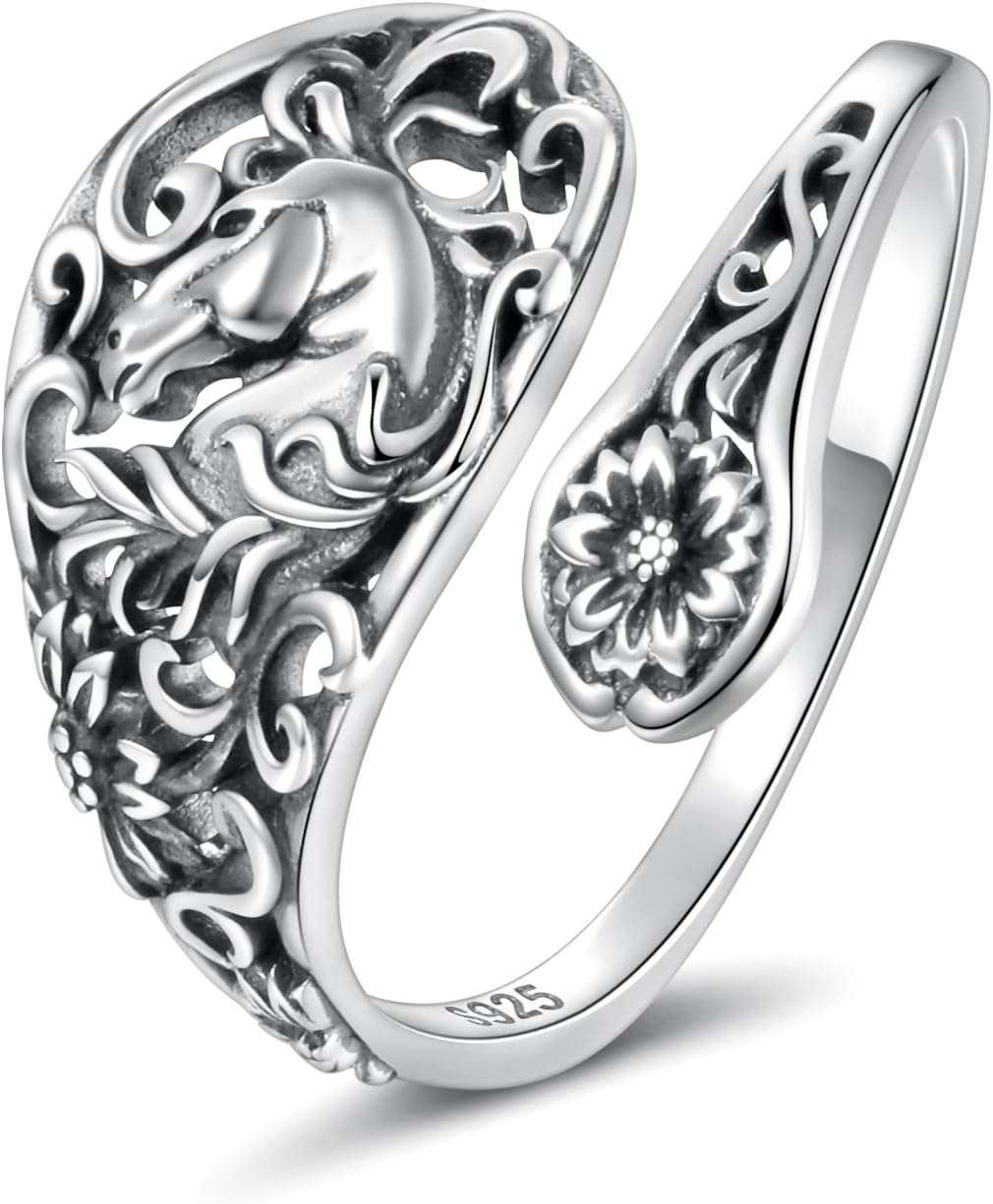 Sterling Silver Spoon Horse Ring – Adjustable Vintage Thumb Ring for Women Jewelry Gift Oxidized Silver Spoon Jewelry for Horse Lovers