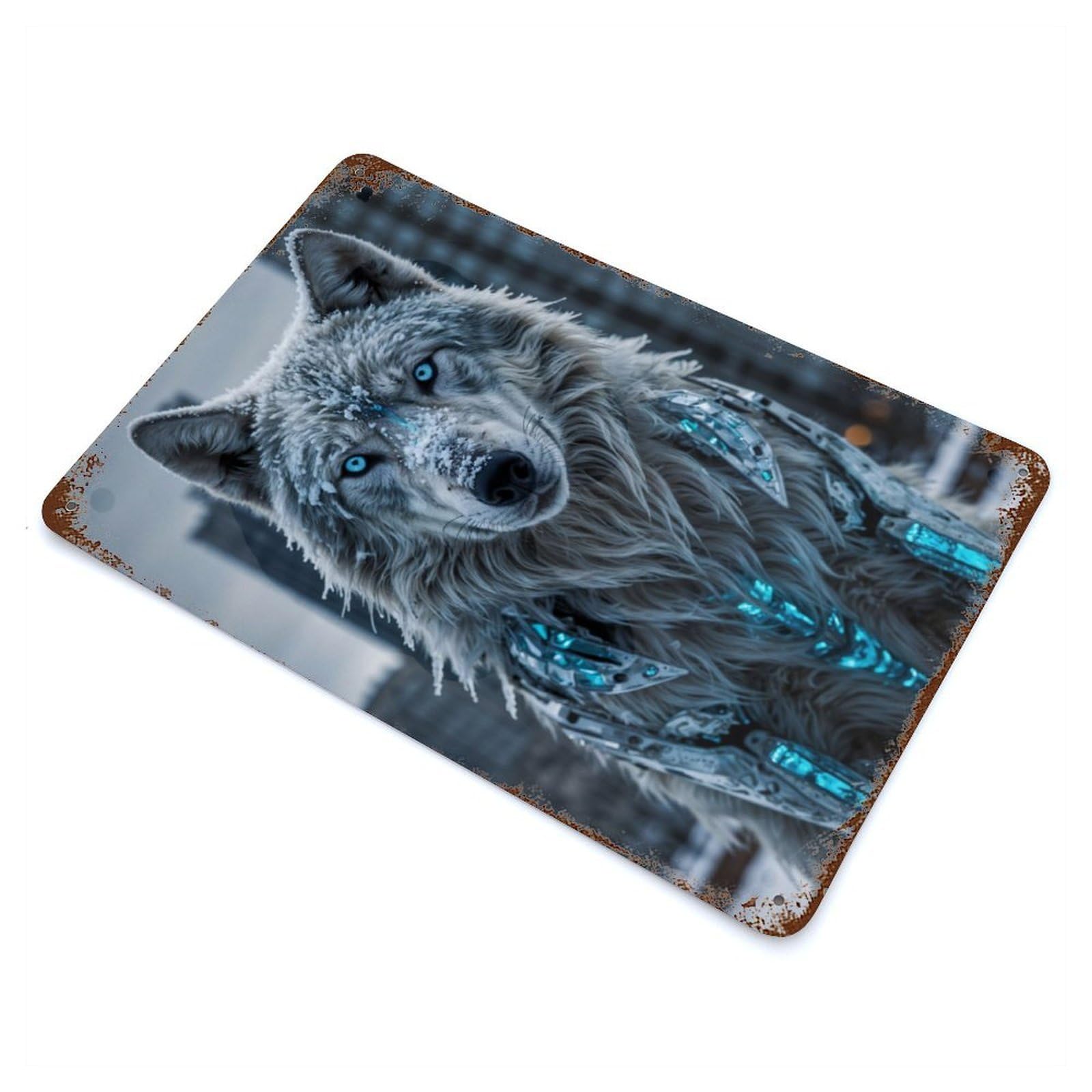 Arctic Wolf in The Snow 11.8"x7.9" Distressed Metal Wall Sign, Shabby Chic Decor for Office, Studio And Wall Decor