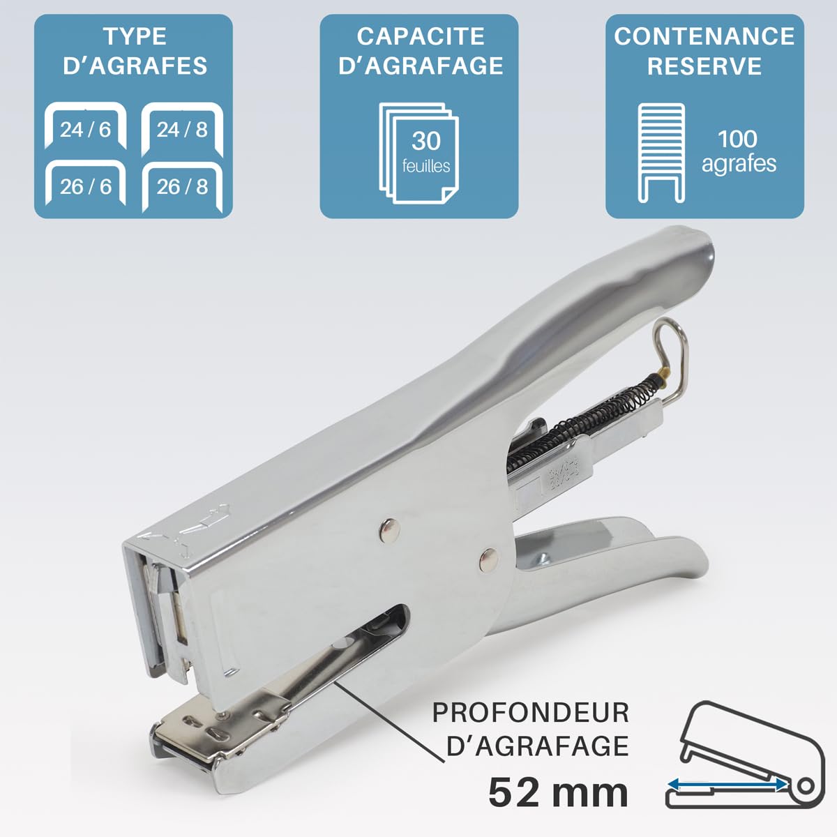 WAYTEX 931552 Pinzatrice tutto metallo 30 fogli meccanismo solido 100% metallo per graffette 24/6, 26/6, 24/8, 26/8, uso intensivo – metallo cromato