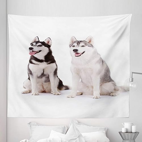 Ambesonne Alaskan Malamute Tapestry King Size, Furry Arctic Doggies Husky Whelp Pedigree Pet Happy Siberian Mammal, Wall Hanging Bedspread Bed Cover