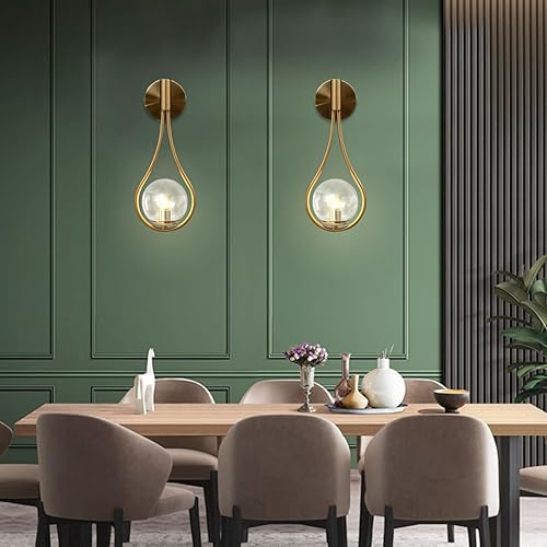 Miniatura 8 de BOKT Juego de 2 apliques de pared de vidrio con globo dorado, luces de tocador modernas de mediados de siglo, lámpara de tocador de baño de vidrio
