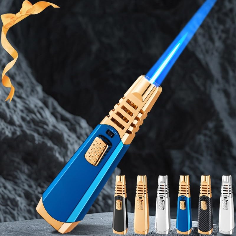 Briquet Torche, coupe-vent à flamme réglable, rechargeable au gaz butane pour cuisine, extérieur, camping, barbecue – Verrou de sécurité inclus