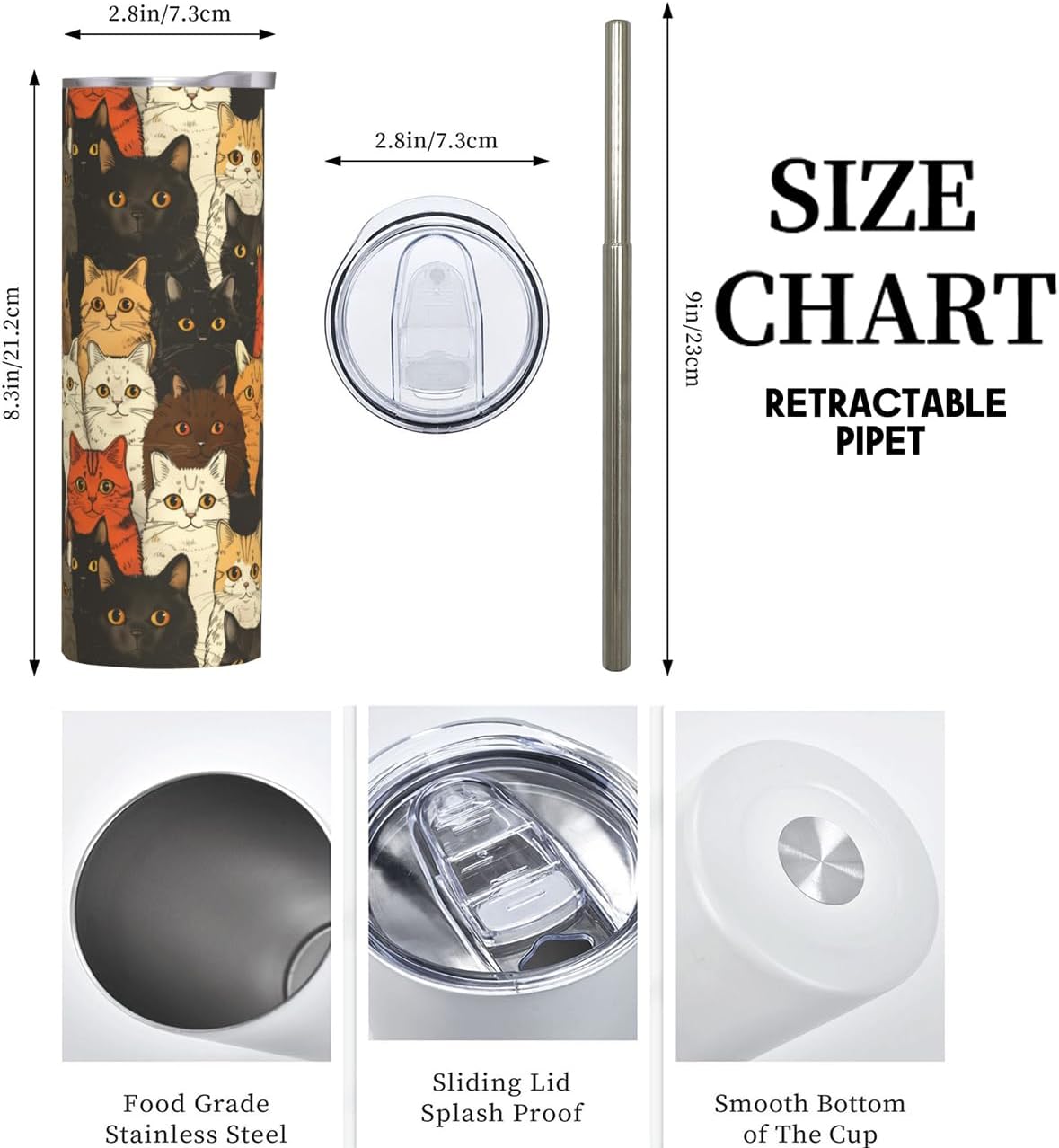 Cute Cat Stainless Steel Insulated Tumbler with Lid - 20oz Pet Lover Travel Mug,Reusable Metal Straw & Brush, Double-Wall Vacuum Bottle Cup for Hot and Cold Drinks Gifts - Image 2