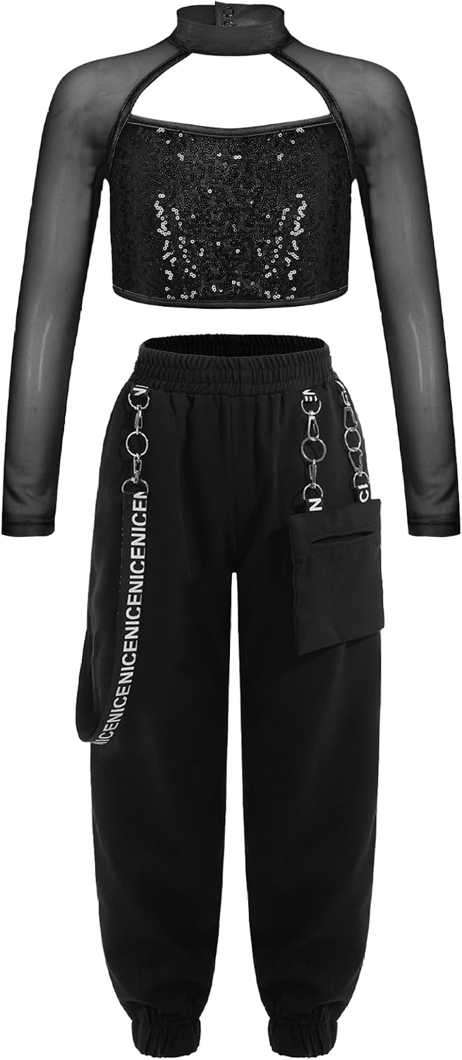 Kids Girls 2 Piece Hip Hop Street Dance Outfits Mesh Sleeve Crop Tops and Cargo Pants Set Dancing Tracksuit