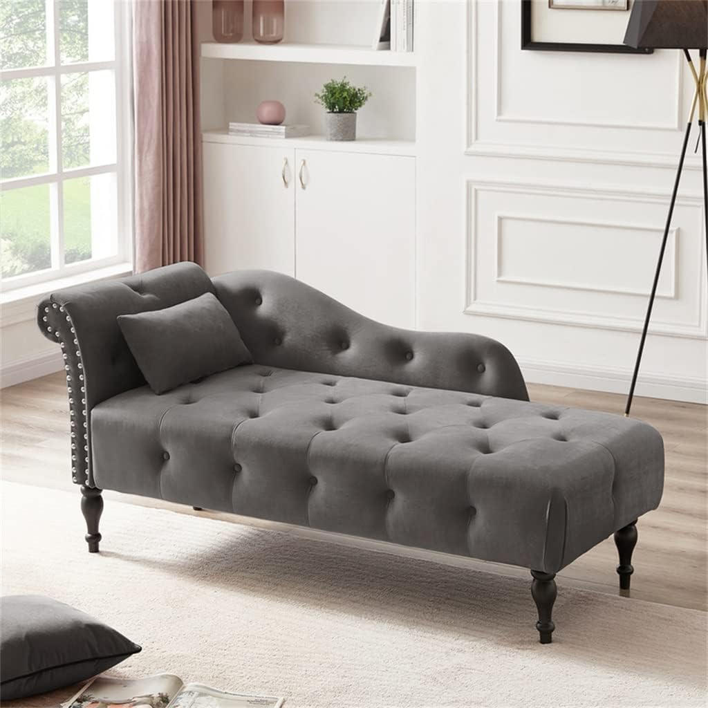 Velvet Chaise Lounge Button Tufted Nail Trim Solid Wood Legs W 1 Pillow 60.6" L X 27.50" W 28.30" H
