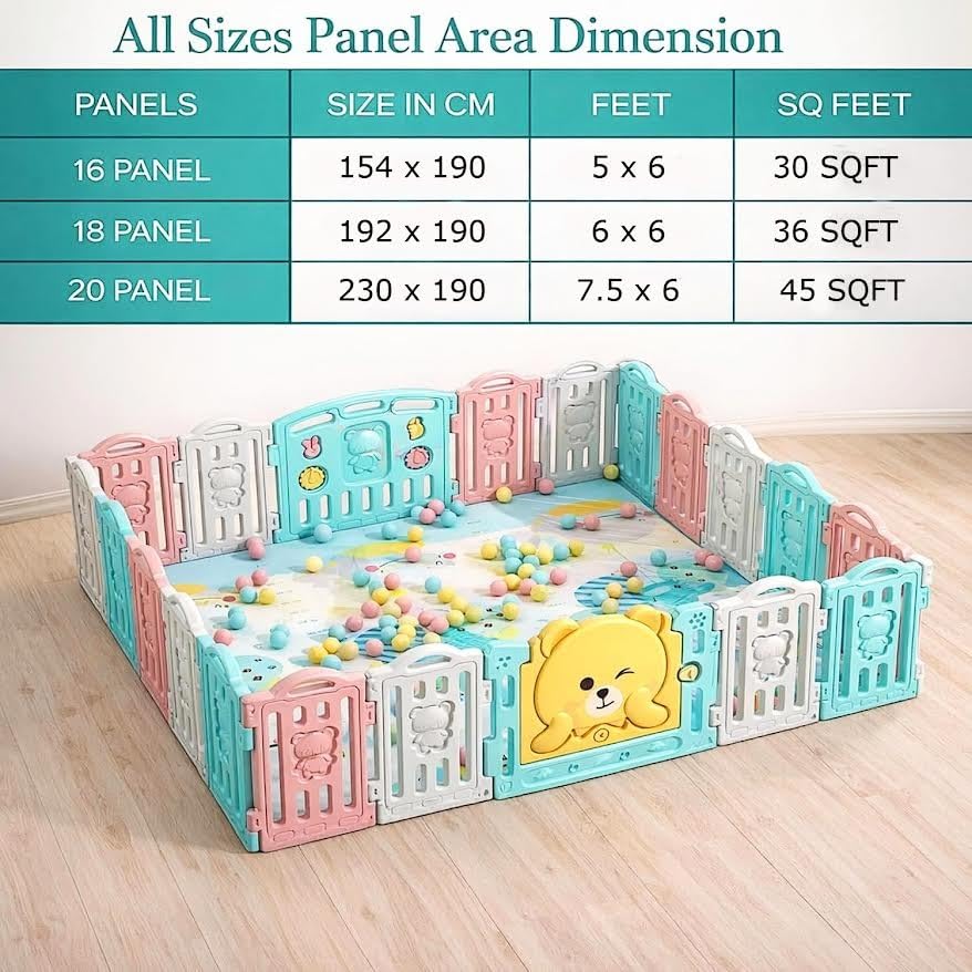 Image of Large Baby Playpen 18 Panels /36 Sq Ft Play Area Indoor Setup with Mat ,balls | Play Yard for Babies 0-3 Years with Padded Boundary |Indoor Outdoor Toddler , infant fence Activity Center with Safety Door Lock & Suction Cups (6 * 6 FT)