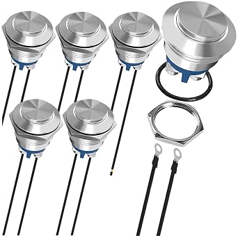 6Pcs 19mm Momentary Push Button Switch Silver Shell,IP65 Waterproof 12V 24V 36V DC 110V 250V AC 5A 1NO SPST Screw Terminal with Wires,for Car, Boat,Marine, Metal Shell Without LED