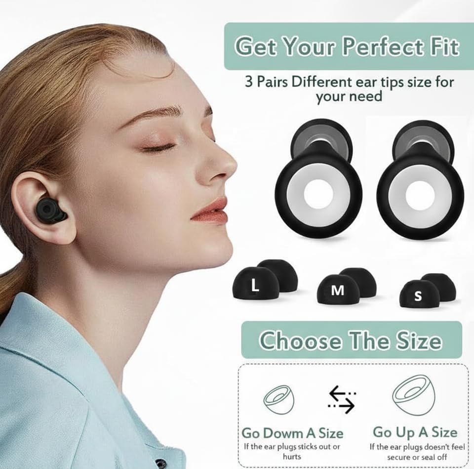 Image of Noise Cancelling Ear Plugs | Soft Silicone Earplugs for Sleeping, Studying, Travel, and Flight | Reusable Noise Reduction Earbuds with 6 Comfort Tips (S /M /L) - Black (1-Pair)