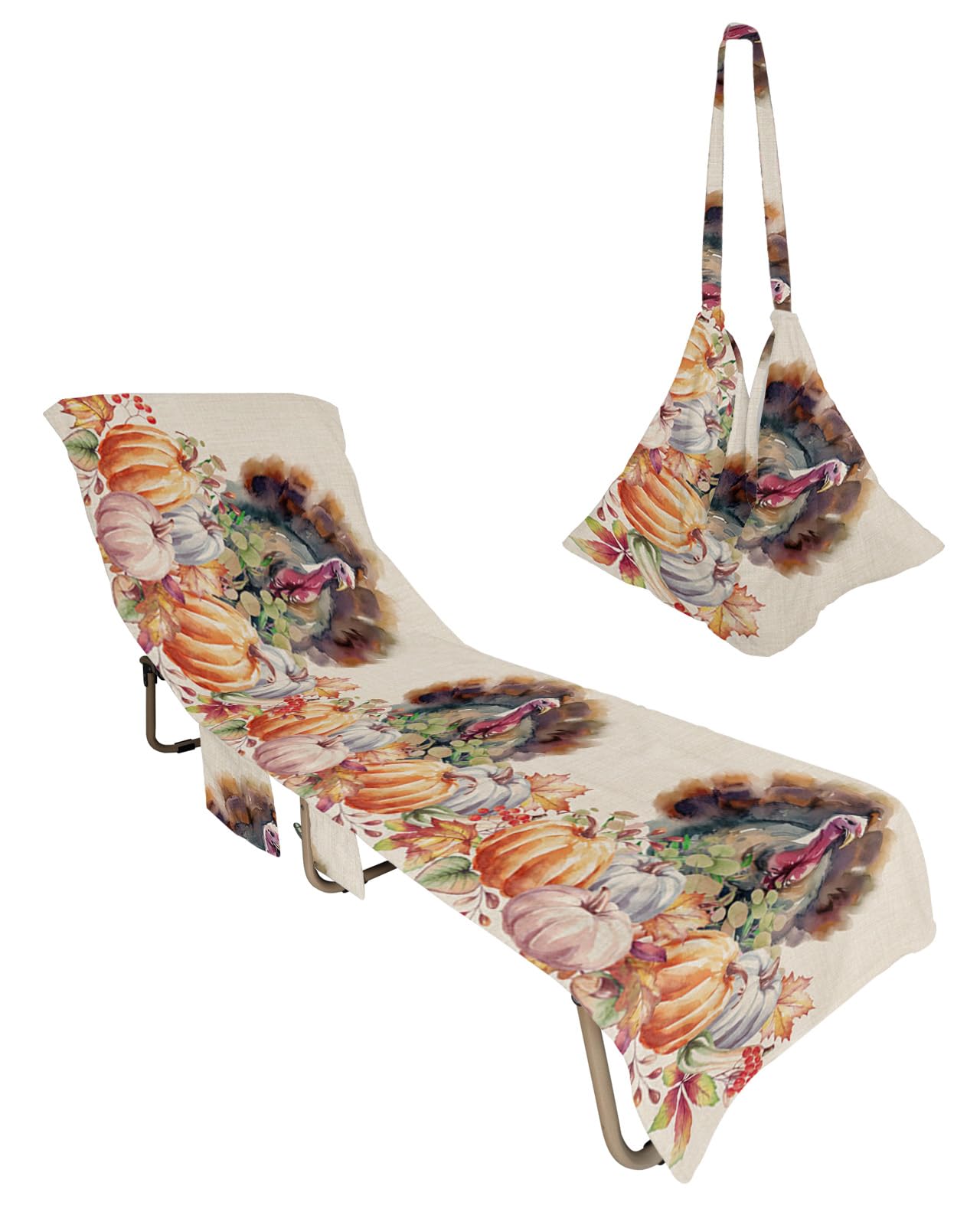 Autumn Turkey Beach Chair Towel Covers for Chaise Lounge with Side Pocket, Soft Plush Pool Towels Cover for Patio Sunbathing Outdoor 29''x85'' Maple Leaves Seasonal Harvest Pumpkins