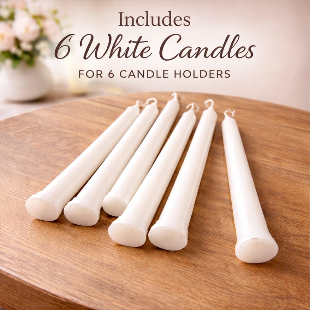 (Set of 6) Gold Metal Taper Candle Holder with (6 White Candles Included) - Decorative Stands for Home Decor, Table Centerpiece, Wedding & Festival Decoration, Elegant Golden Stick Holders 1
