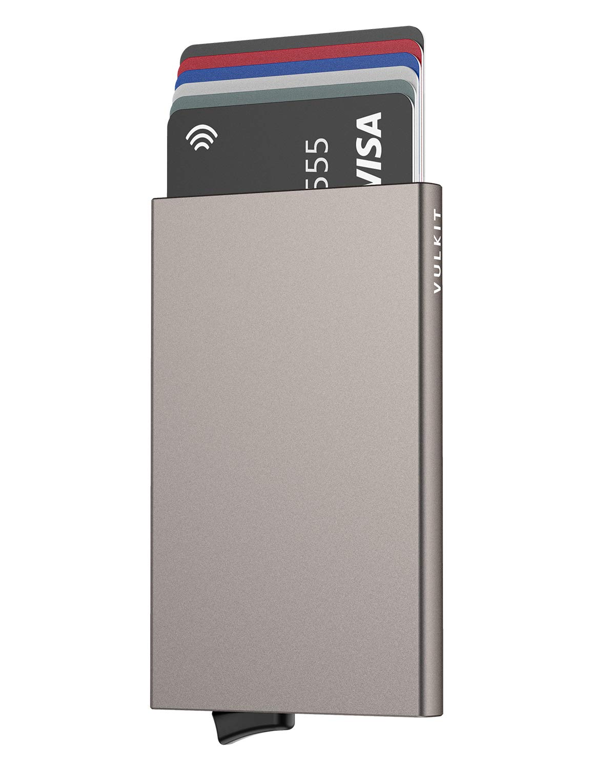 VULKIT Slim Minimalist Credit Card Holder For Men and Women RFID Blocking Mini Metal Case, nickel grey, Small