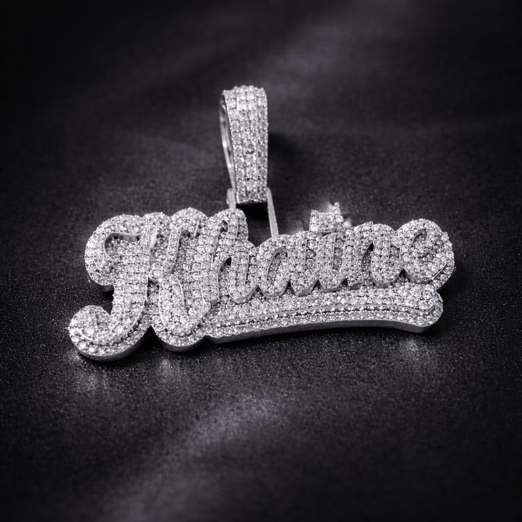 Custom Name Pendant Necklace for Men & Women | Sterling Silver with 14K Gold Plating | Iced-Out Personalized Name Charm | 2.14” Width | Gift for Any Occasion