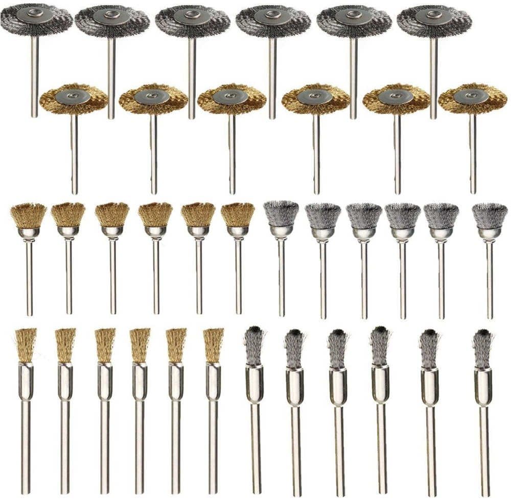 VCCA 36Pcs Brass Steel Wire Brush Polishing Wheels Full Kit Pen Cup Wheel Shaped Buffing Brushes for Rotary Tools