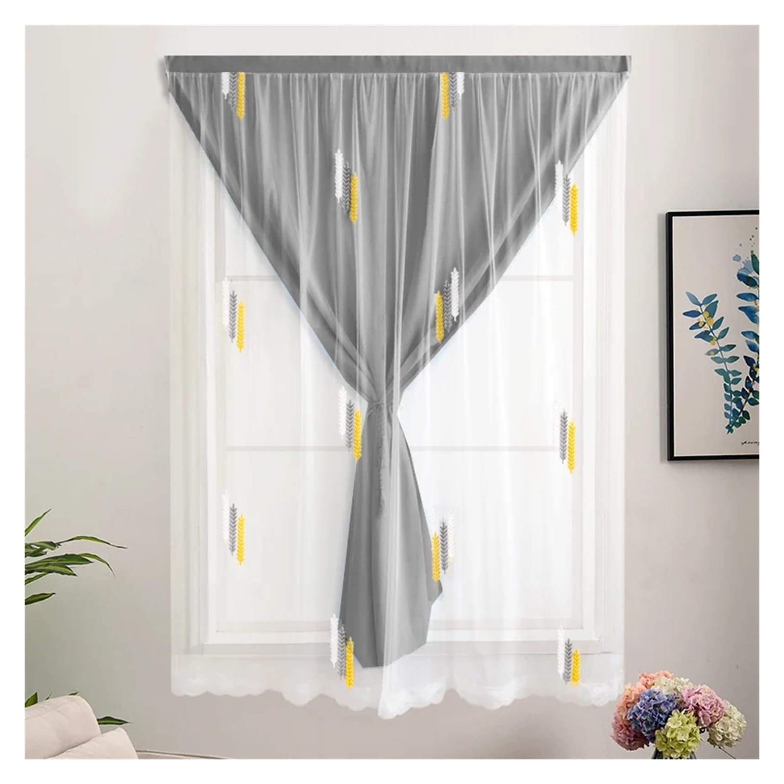 Tissu de rideau occultant gris brodé double couche installation sans trou