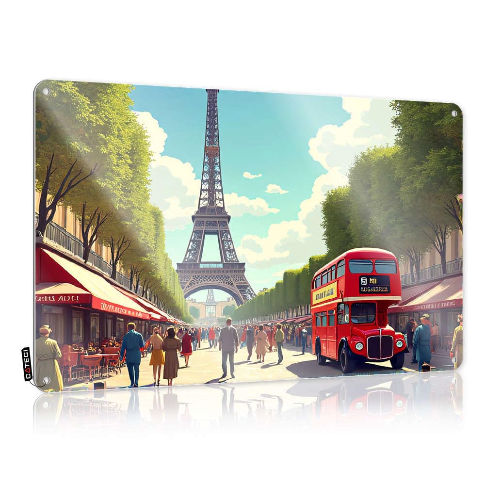 Funny Kitchen Signs A Vibrant Street Scene In Paris With The Eiffel Tower In The Background Tin Sign Beer Signs Metal Vintage Funny Tin Metal Signs(30X40CM)