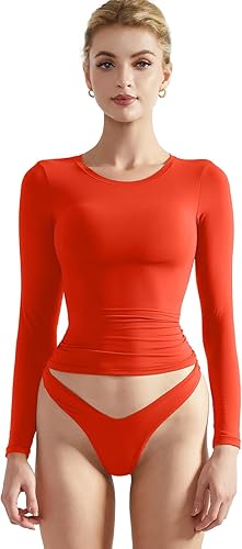 SUUKSESS Camisetas básicas ajustadas de doble forro para mujer, cuello redondo, manga larga