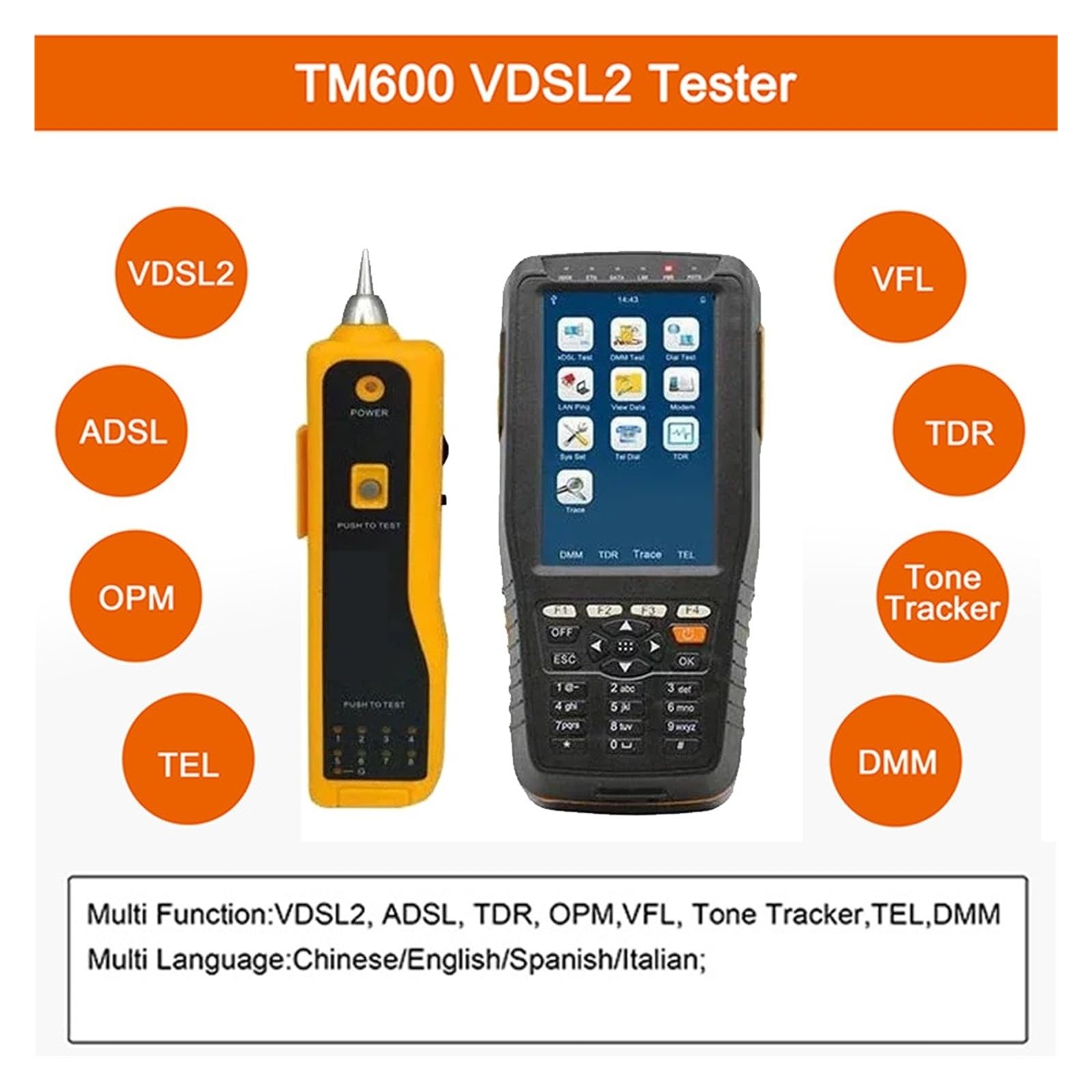 Palmare TM-600 VDSL ADSL OPM VFL TDR Tone Tracker Tester Line Test Equipment Tracker cavi con display digitale LCD Alta sensibilità, basso errore(TM-600OV VDSL)