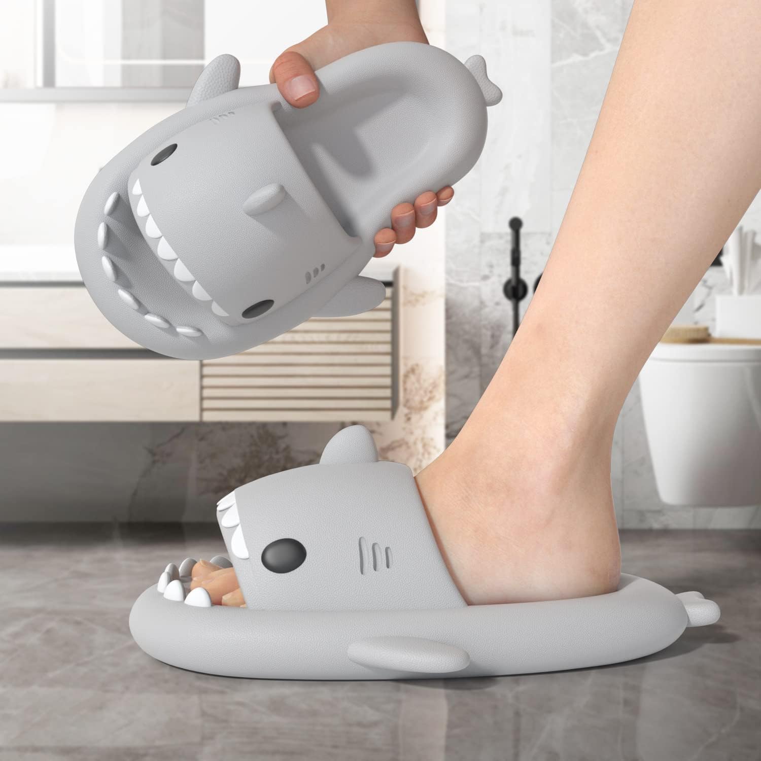 ChayChax Boys Girl Cloud Shark Slides Non-Slip Novelty Open Toe Sandals Extremely Comfy Cushioned Thick Sole Cute Cartoon Shower Slippers Indoor & Outdoor 6.5-7.5 Big Kid Light Grey image 2 of 7 B09ZLLFG3S