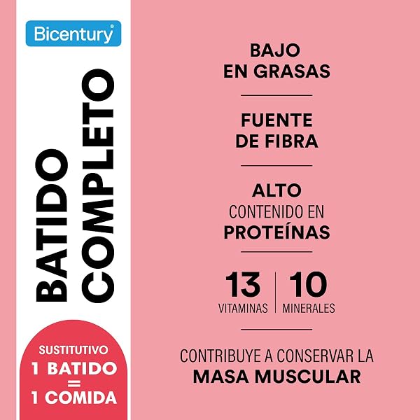 Bicentury Batido Completo Sustitutivo de Comida Sabor Fresa, Rico en Proteínas, Bajo en Grasas, Un batido equivale a una comida completa, 436 g, 16 raciones - 4