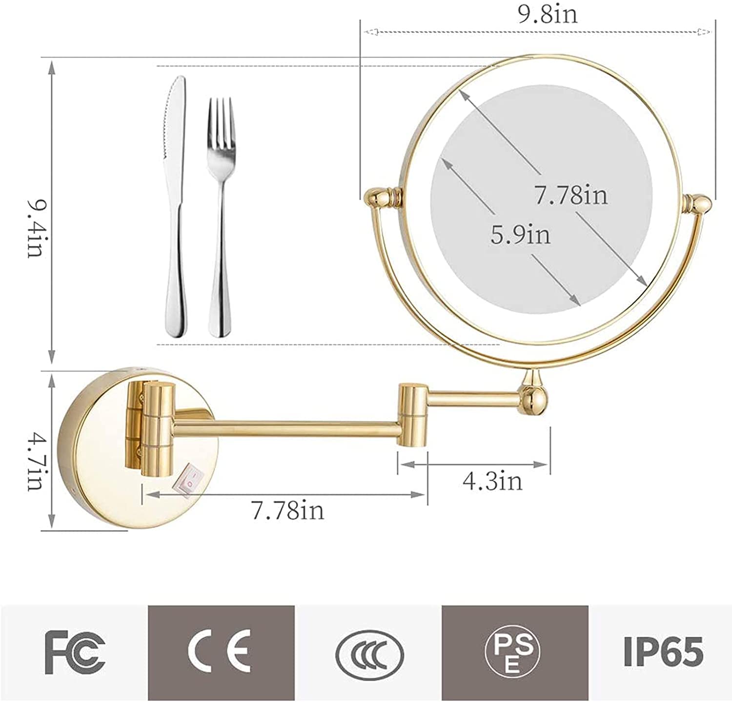 Espejo de Maquillaje montado en la Pared con Aumento, Espejo de tocador LED de Doble Cara for baño con extensión giratoria de 360 ​​° Dorado de 8 Pulgadas, con Enchufe