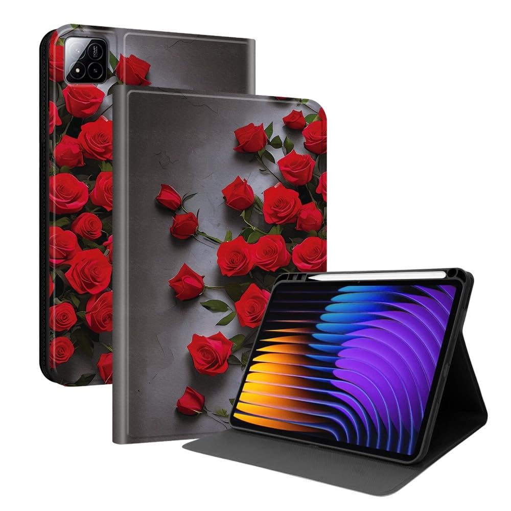 Kompatybilny z Xiaomi Redmi Pad 2 Pro 12.1 cala 2025 (wzór: Czerwona Róża) Premium Skórzane etui z klapką ze wzorem