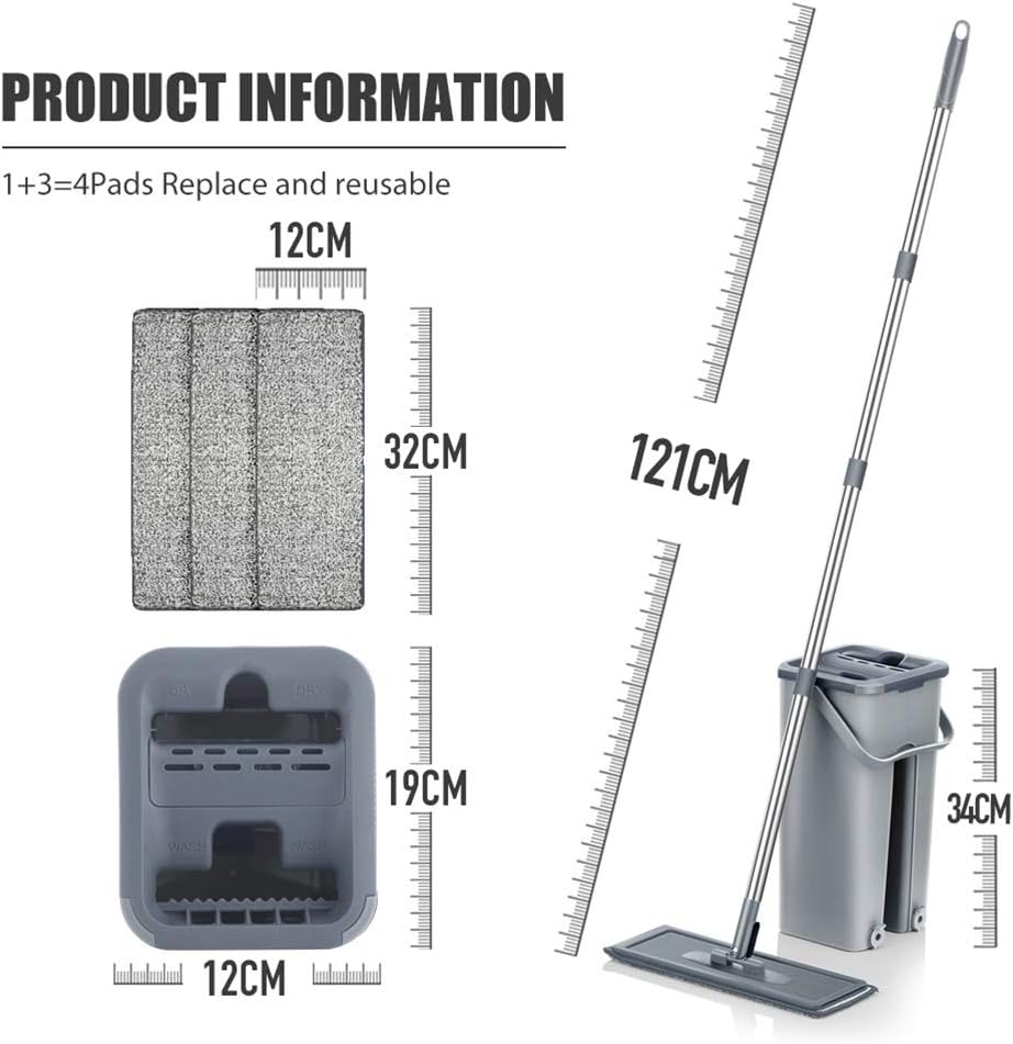Floor Flat Mop Bucket Set Hand Free Squeeze Wet Dry Cleaning System 360 Flexible Magic for Hardwood Laminate Tiles(Bucket with 4)