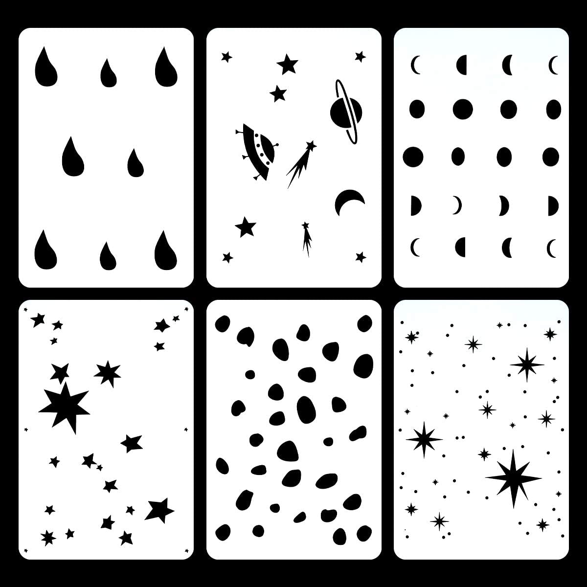 Ivana's 6 Set Twinkle Stars Stencils Space Moon Phases Teardrop Spots Painting Stencil for Scrapbooking Nursery Ceiling Wall Furniture Decor, 8 x 12 Inch