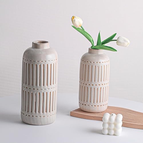 Miniatura 2 de Juego de 2 jarrones de cerámica rústica para sala de estar, dormitorio, casa de campo, jarrones de flores de 11.22 y 9.25 pulgadas para decoración