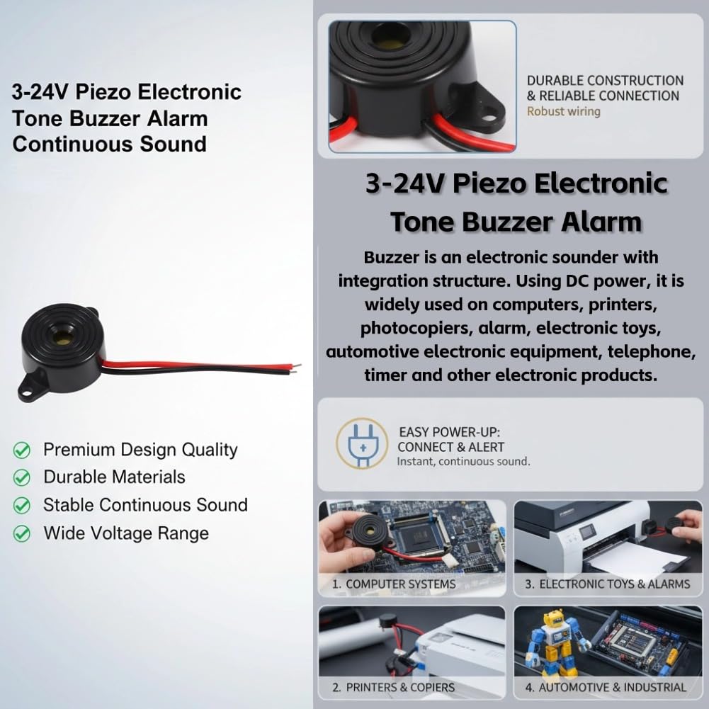 Cicalino Buzzer Piezoelettrico 3V 5V 12V 24V 85db 3-24V 30mm