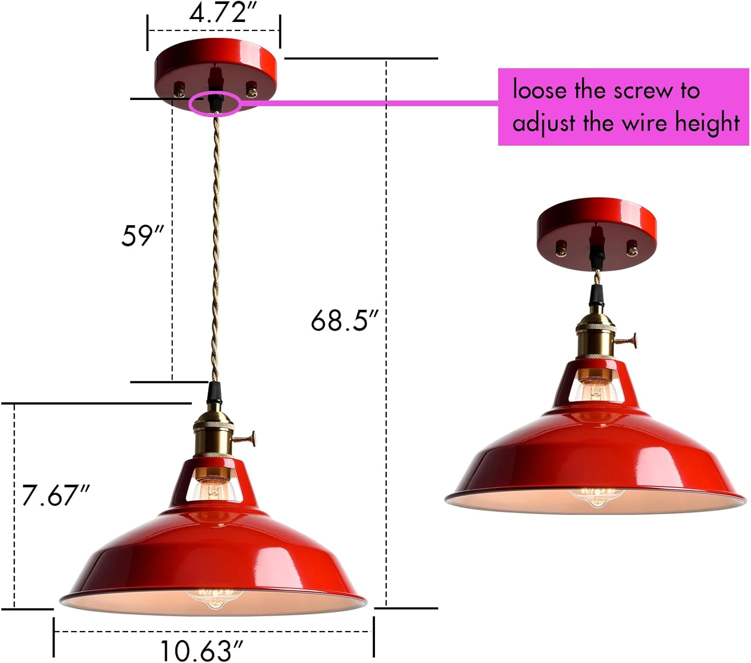 CLAXY Industrial Modern Pendant Light Kitchen Island Red Metal Barn Hanging Light Fixture Height Adjustable E26 Based Light for Kitchen, Loft, Dining, Foyer, Cafe, Bar
