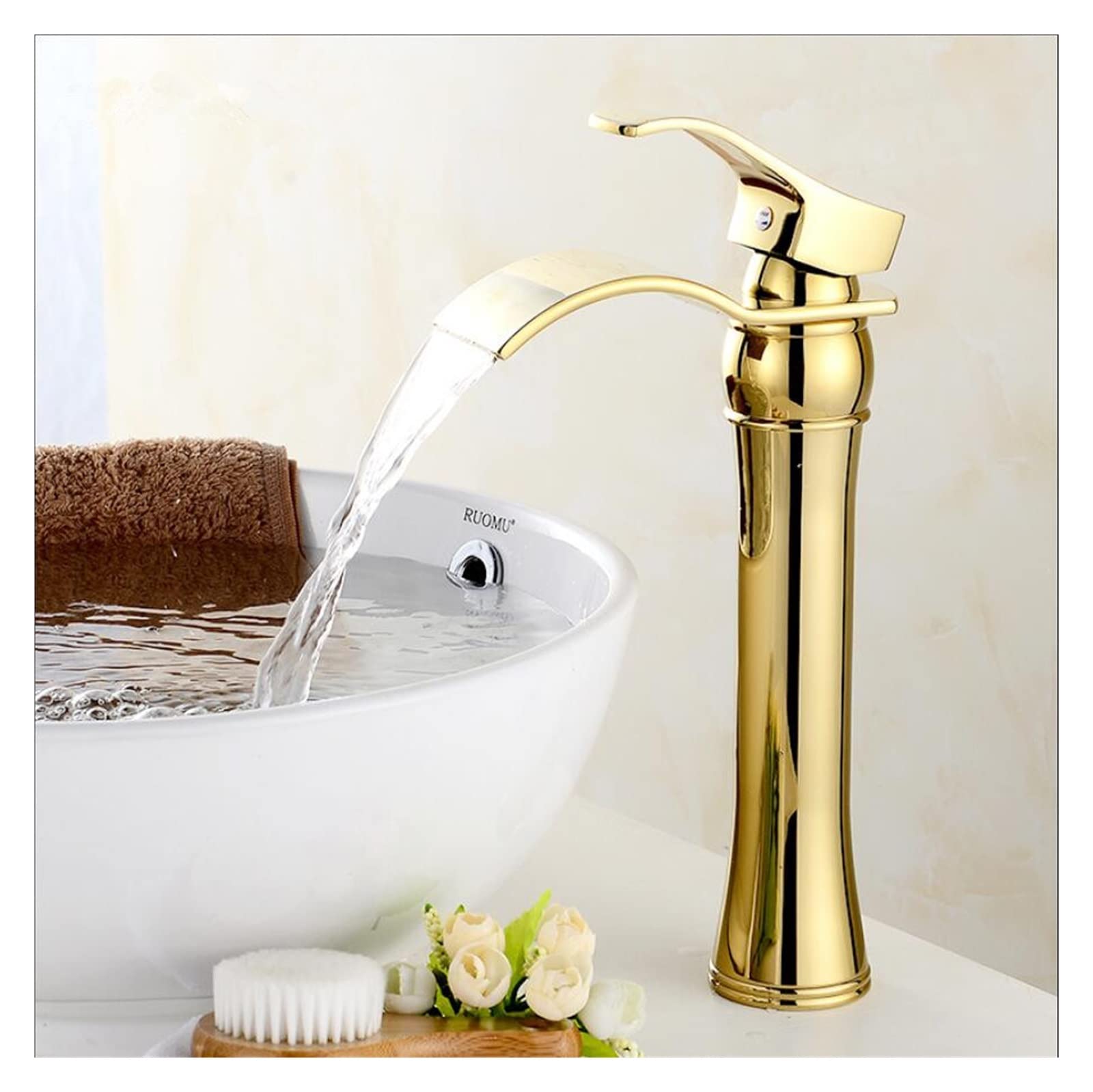 Robinet de lavabo à double commande thermique et jet cascade design or chic