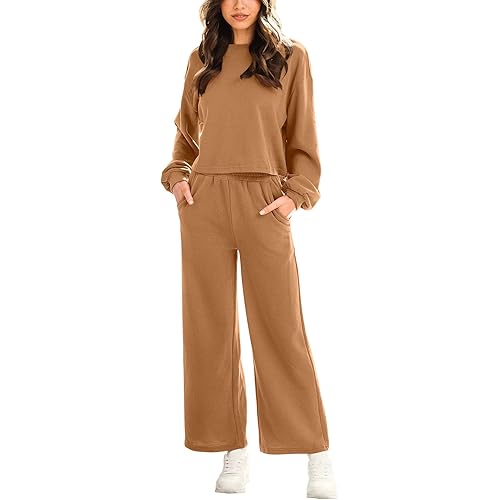 ANRABESS Women’s Two Piece Outfits Long Sleeve Crop Top Wide Leg Sweat Pants Knit Sweatsuit Fall Lounge Matching Clothes Set