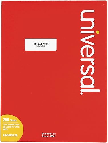 Universal UNV80120 1 in. x 2.63 in. Etiquetas para impresoras de inyección de tintaláser, color blanco (7500caja)