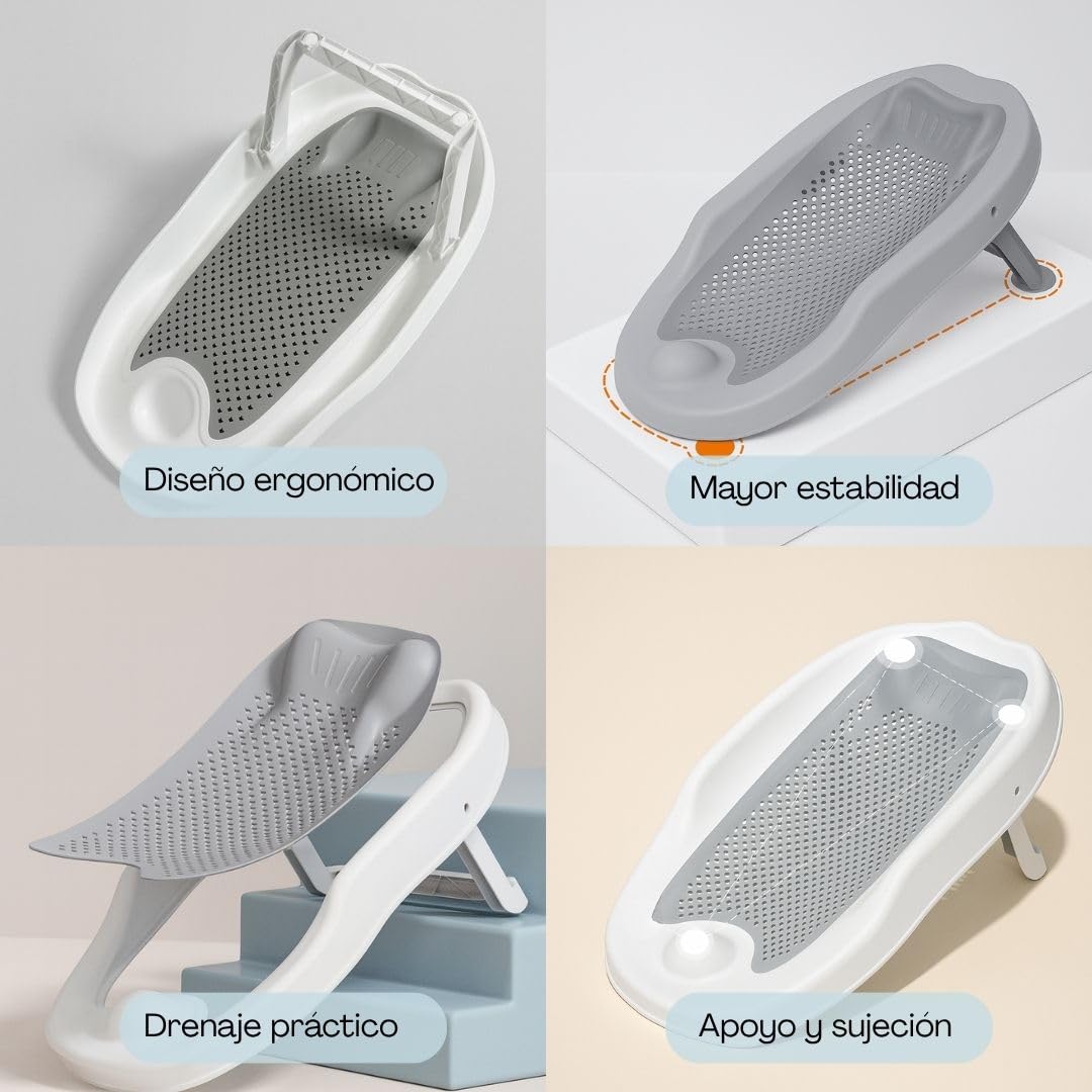 Cojín de Baño para Bebé Recién Nacidos | Almohada Flotante y Antideslizante | Apoyo Ergonómico para la Bañera | Suave, Seguro y Fácil de Secar (Gris)