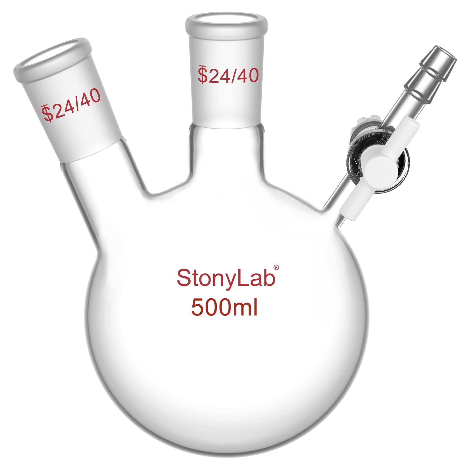 stonylab Fiole de Réaction à 2 Cols, Récipient à Fond Rond avec Robinet à Boisseau PTFE et Joints 24/40, pour Réactions de Laboratoire (500 mL Capacité)