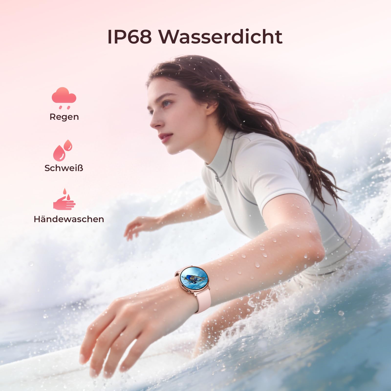 Damen-Smartwatch m. rundem kompaktem Design ultradünne Fitnessuhr für Frauen Damen-Fitnessuhr mit Schrittzähler & Anruf, IP68 wasserdicht, 1,32-Zoll-AMOLED, Android/iOS kompatibel, Gold