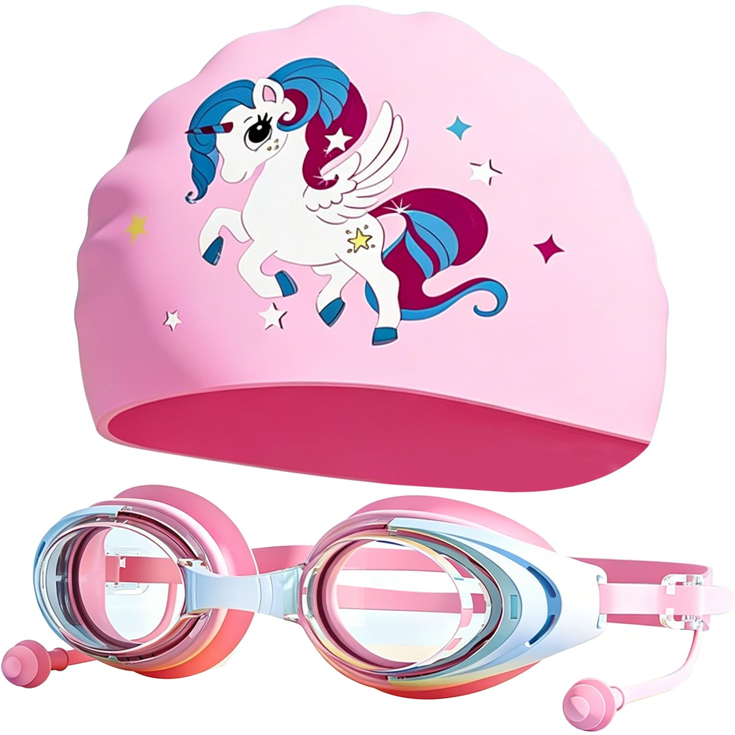 Kids Swim Goggles Unicorn Swim Cap with Silicone, Unicorn Swimming Cap for Kids, Childrens Swimming Goggles Anti-Fog Waterproof, Adjustable Stretchable Swim Hat for-A
